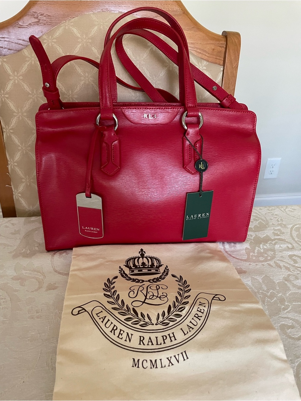 Lauren Ralph Lauren Cherry Red Leather Satchel with Dual Handles